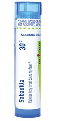 Boiron Sabadilla 30C pellets in dispensing tube for on-the-go relief.