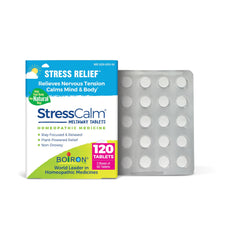 Boiron StressCalm tablets bottle for daily stress support on the go.
