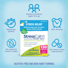 Boiron StressCalm tablets closeup, easy-to-take daily option.