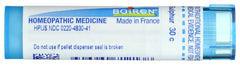 Boiron Sulphur 30C packaging box, travel-ready homeopathic remedy.