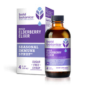 Bold Botanica Elderberry Elixir bottle shows a sugar-free, kid-friendly formula for daily use.