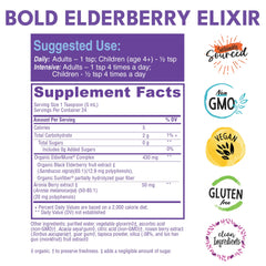 Bold Botanica Elderberry Elixir pour highlights concentrated elderberry extract for wellness routines.