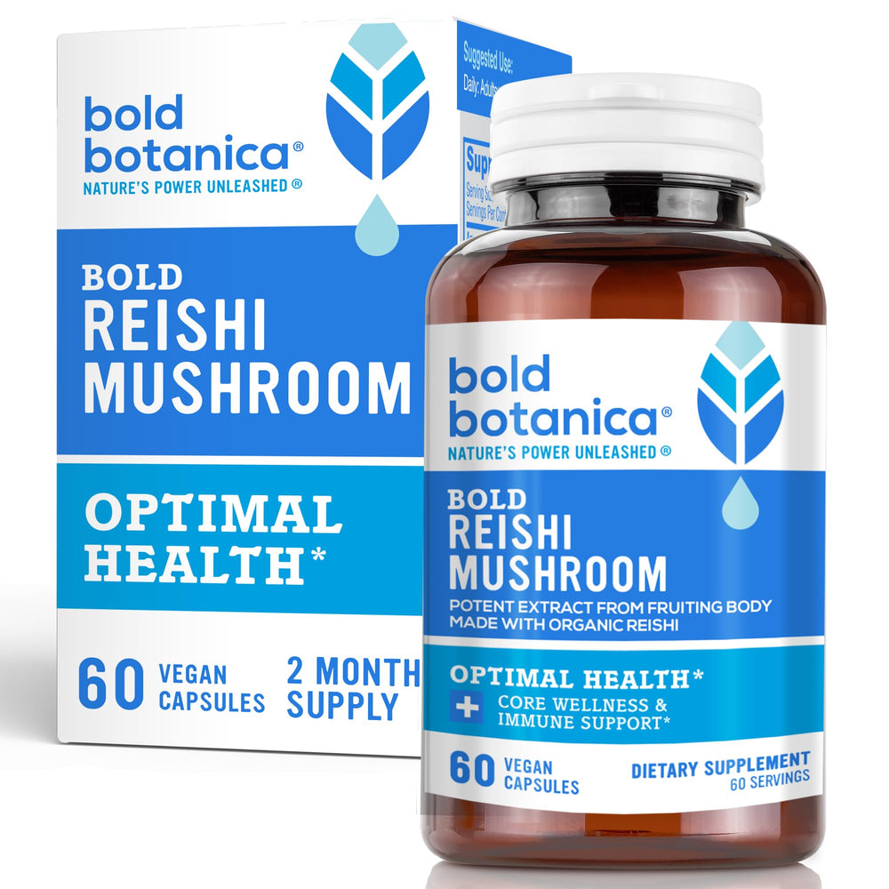 Bold Botanica Reishi capsules bottle pour for easy daily use and convenience.