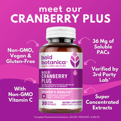 Bold Cranberry Plus capsules closeup highlights 30 vegan capsules for daily convenience