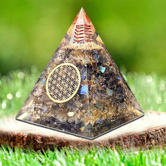 Bombay Crystals Export Closeup Labradorite sheen on orgonite enhances visual richness.