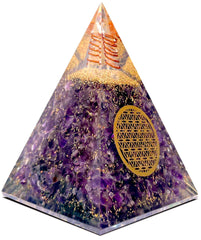Bombay Crystals Export amethyst orgonite pyramid close-up for calm and clarity during meditation