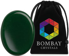 Bombay Crystals Export green jade worry stone in velvet pouch for portable calm.