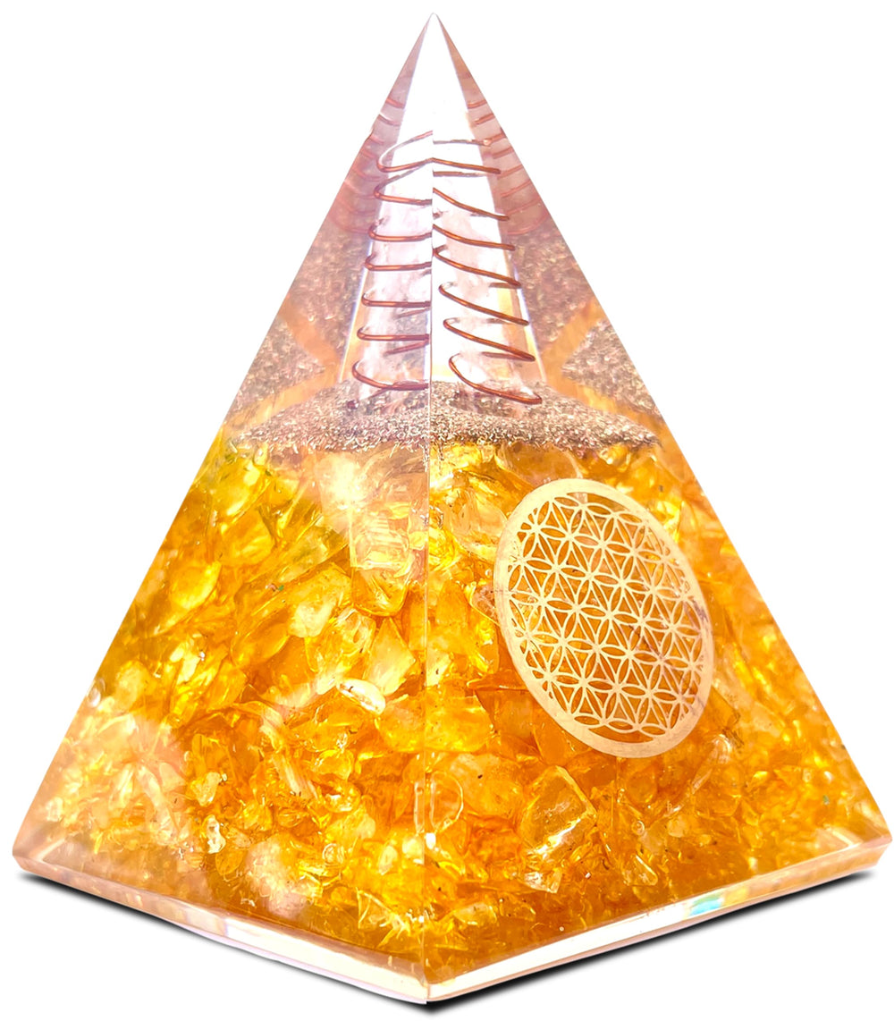 Bombay Crystals Export orgone citrine pyramid for meditation and energy balance.