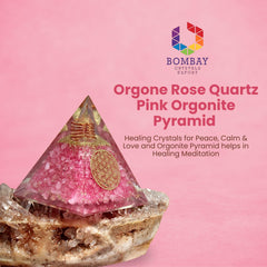 Bombay Crystals Export Rose Quartz Orgone Pyramid closeup highlights copper coil and clear crystals.