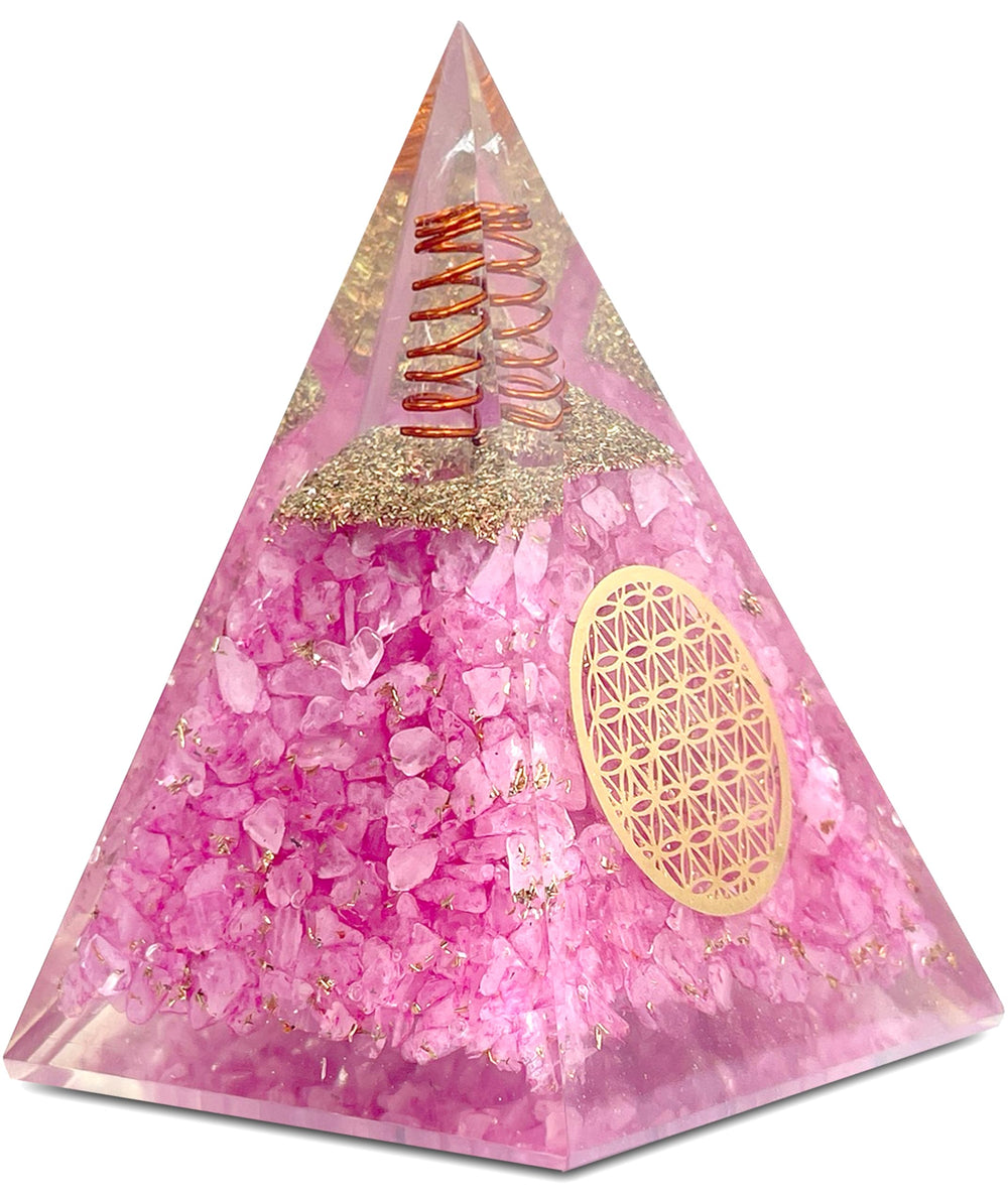 Bombay Crystals Export Rose Quartz Orgone Pyramid with copper coil for calm energy at home.