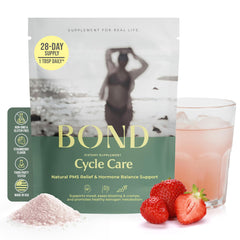 Bond Cycle Care bottle showing the strawberry formula for daily mood guidance.