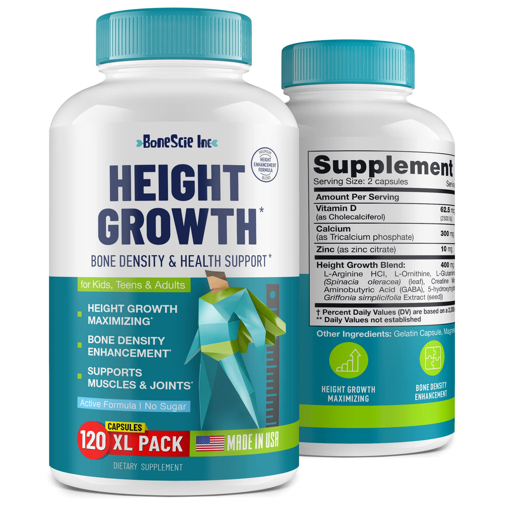 BONESCIE INC height growth bottle demonstrates daily nutrient support for bone health