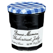 Bonne Maman Black Currant Jelly jar closeup showing glossy texture for easy spreading.