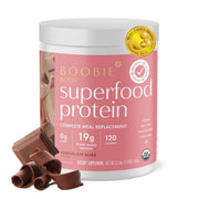 Boobie Body protein bottle showing 19g plant-based protein for busy moms