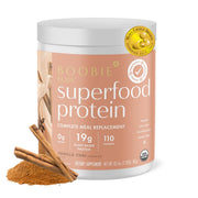 Boobie Body vanilla chai protein tub front, vegan protein for busy moms.