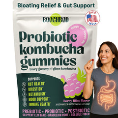 BoochBod Probiotic Kombucha Gummies bottle promotes on-the-go gut health.