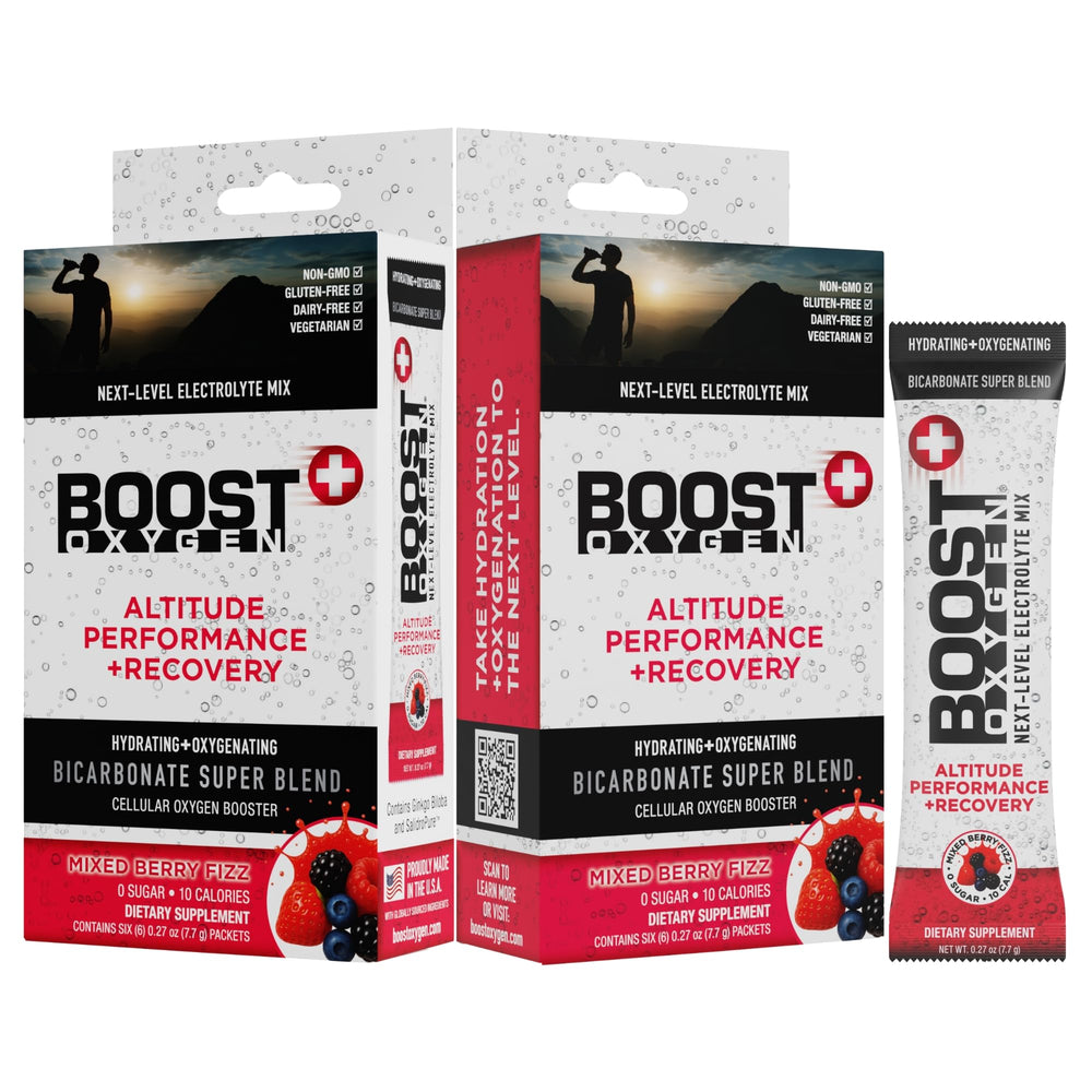 Boost Oxygen next-level hydration packet in box front, ready for on-the-go hydration.