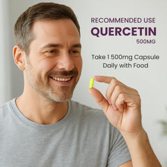 Quercetin bottle with glass to illustrate daily supplementation ritual.