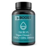BoostCeuticals vegan omega-3 softgels in bottle for daily heart and brain support.