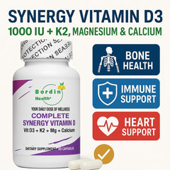 Closeup of Bordin Health D3 K2 Mg Zinc capsules showing high absorption synergy