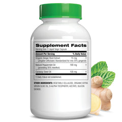 Botanic Choice Vege capsules close-up showing natural ginger, peppermint, and caraway.