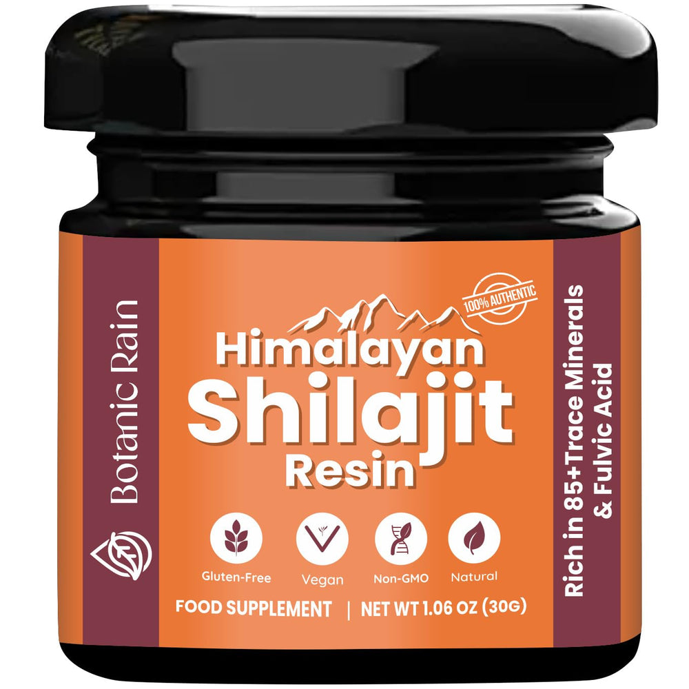 Botanic Rain Shilajit Resin bottle showing premium Himalayan resin for daily energy support