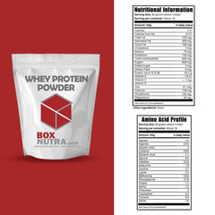 BOX NUTRA Whey Protein Isolate scoop beside powder for muscle recovery shake.