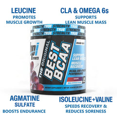 BPI Sports Best BCAA grape powder dissolving in a glass of water.