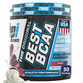 BPI Sports Best BCAA powder tub closeup for muscle recovery support.