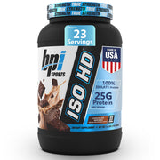 BPI Sports ISO HD chocolate brownie tub showing clean protein and lean nutrition benefits