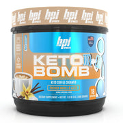 BPI Sports Keto Bomb French Vanilla Latte bottle highlights keto-friendly energy support