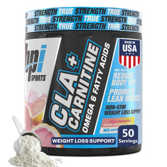 BPI Sports CLA+Carnitine bottle in pink lemonade flavor for non-stimulant fat support.