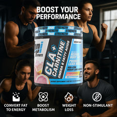 Close-up of the BPI Sports CLA+Carnitine label highlighting the caffeine-free option.