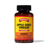 Bragg Energy ACV capsules bottle label, convenient daily vitality support.