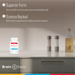 Brain Bean Ultra NAC bottle on counter in a simple daily routine.
