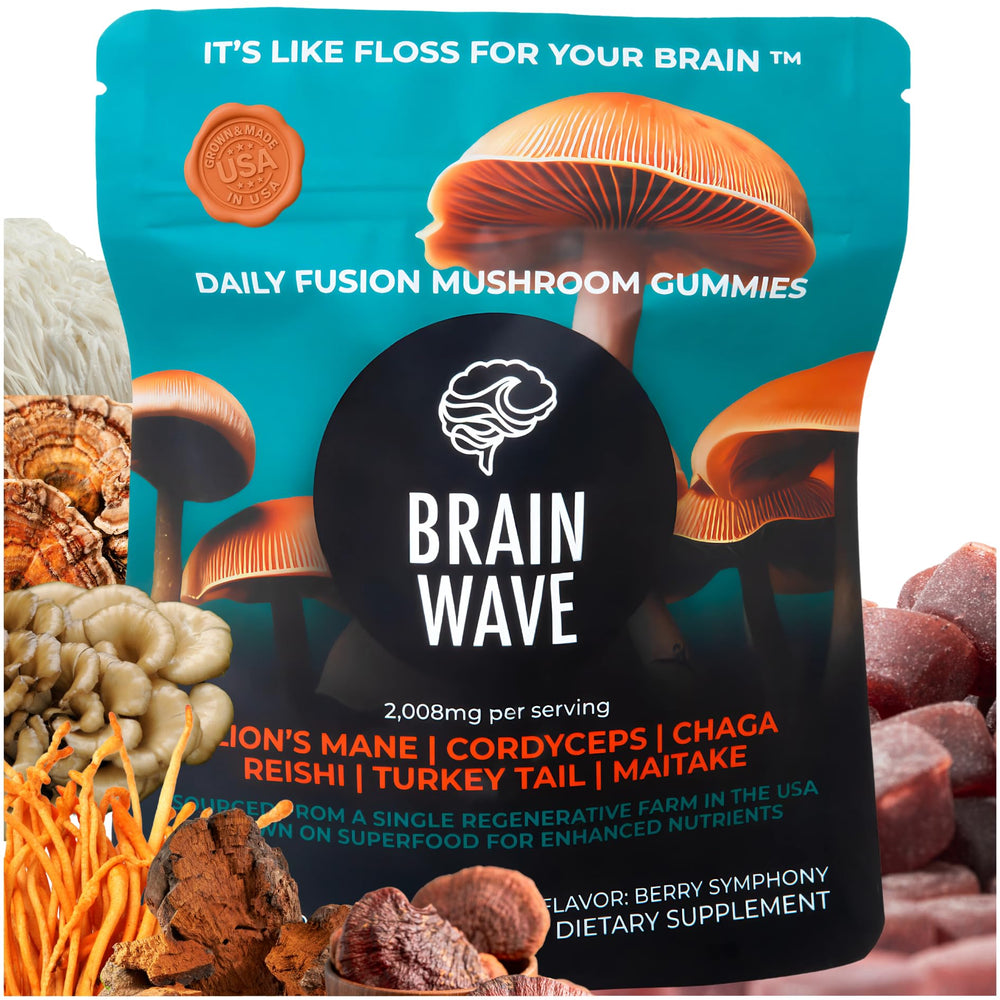 Brain Wave bottle label close-up highlighting the multi-mushroom blend for focus.