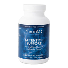 BrainMD Attention Support bottle front promotes daily focus support
