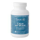 BrainMD Calm My Brain bottle showing 90 vegan capsules for daily calm and focus.
