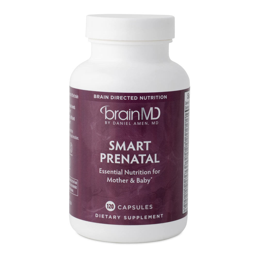 BrainMD Dr Amen Smart Prenatal bottle front with label and serving information for expectant moms.