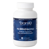 BrainMD ProBrainbiotics bottle front view showing branding and bottle shape for daily gut-brain support.