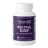 BrainMD Restful Sleep bottle front, signaling non-habit forming night support.