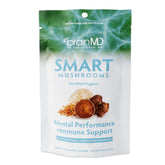 BRAINMD Smart Mushrooms bottle front shows a vegan supplement for focus and immune support.