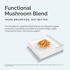 BRAINMD Smart Mushrooms jar closeup emphasizes six functional mushrooms and protein content.
