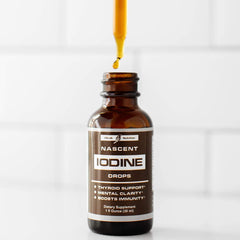 Brand6 Nascent Iodine drops in a glass as part of a morning routine.