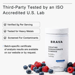 BRAVA Creatine Gummies ingredients label, showcasing no artificial additives