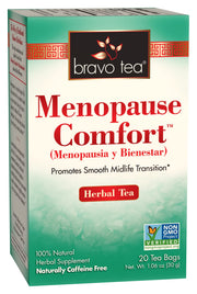Bravo Tea Menopause Comfort tea bags showing caffeine-free blend for menopause support