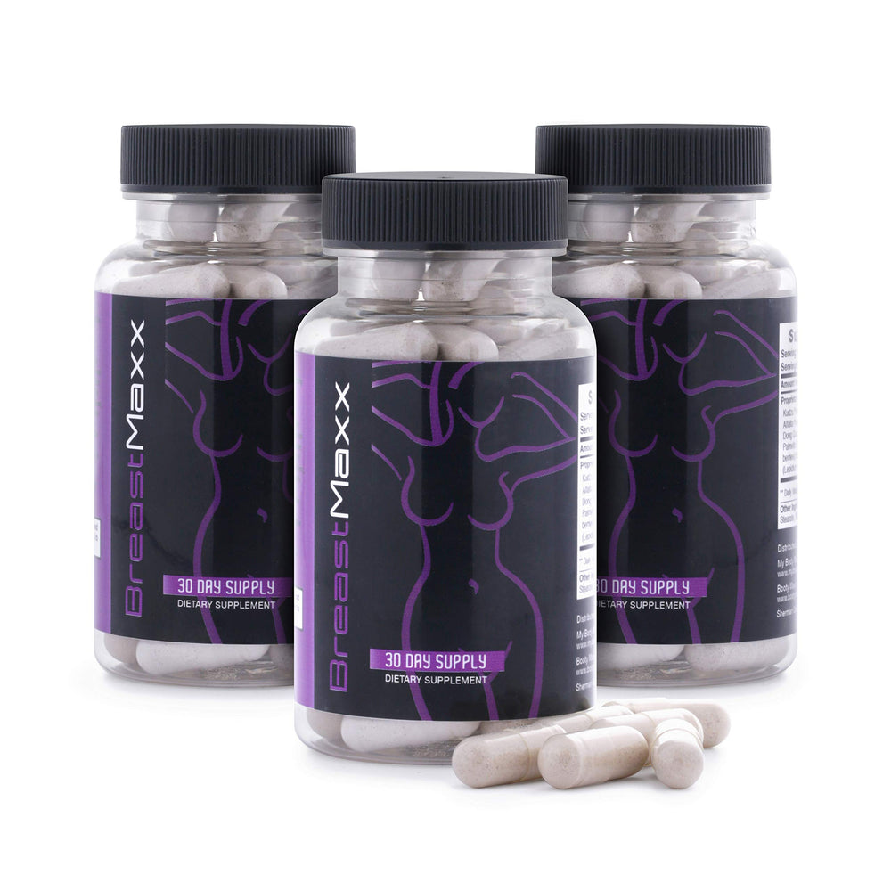 Breast Maxx pills bottle on counter for convenient daily use.