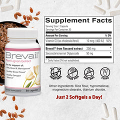 Close-up of Brevail capsules with 50 mg SDG lignans for potential estrogen balance.