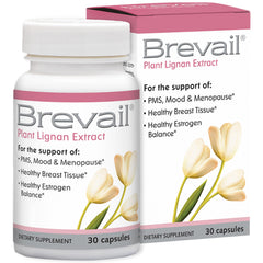 Barlean's Brevail bottle front showing plant lignan extract for daily hormonal balance possibilities.