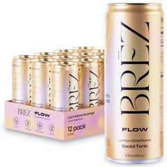 BRĒZ FLOW lemon elderflower can on table for mood lift